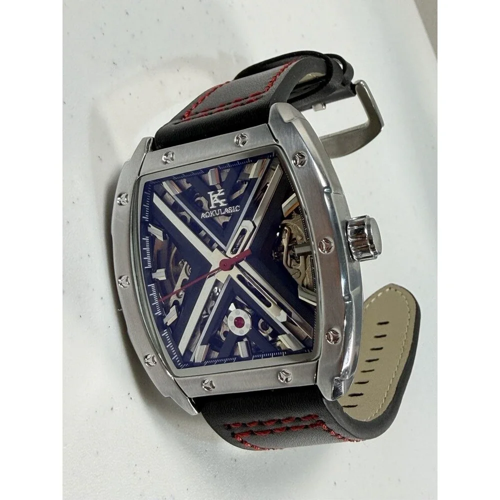 Aokulasic Men’s Automatic Skeleton Tonneau Watch Leather Strap 41mm